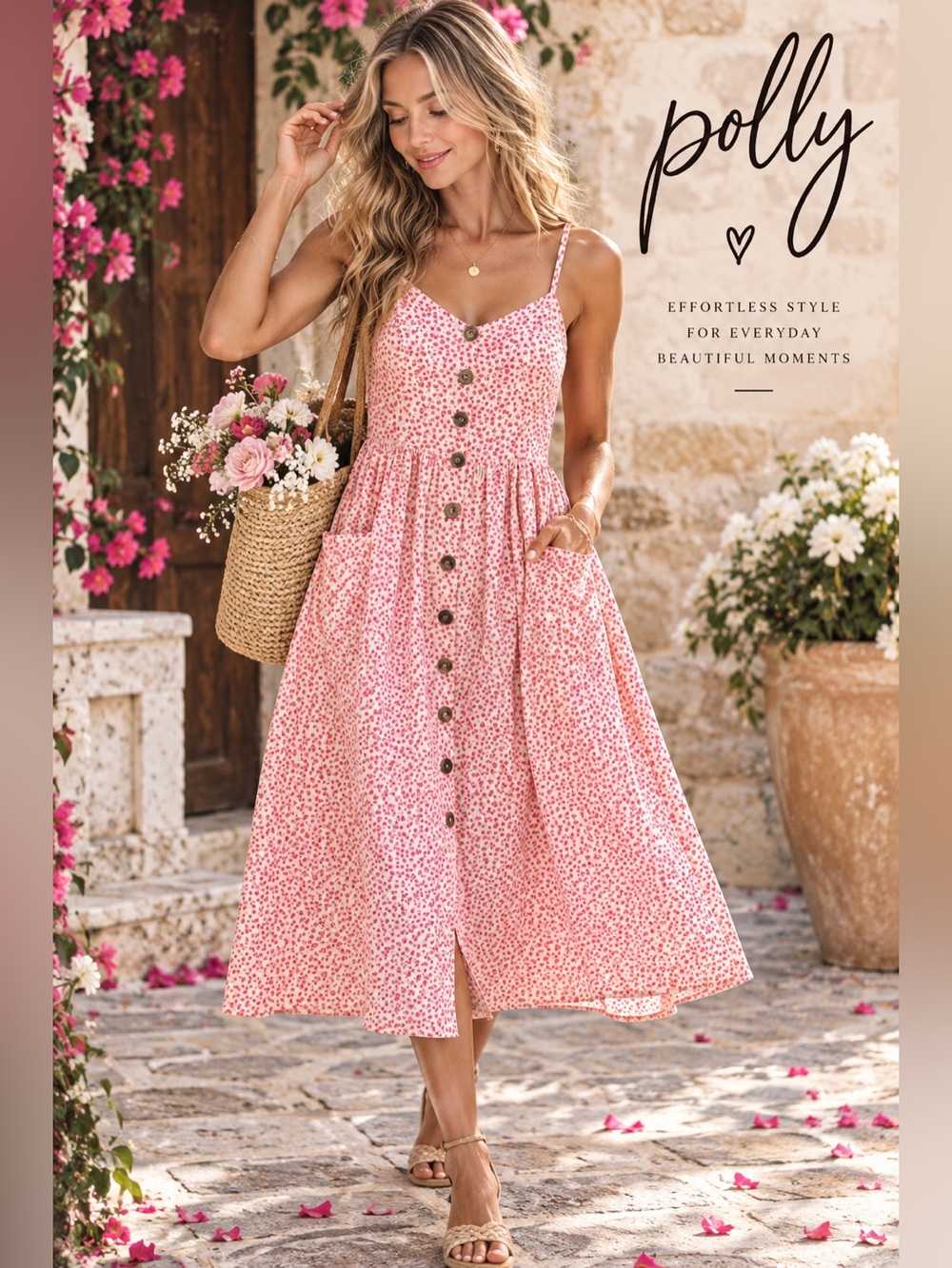 Polly Womens 10 Pink ditsy floral Midi Dress Button Front Cottagecore Sundress